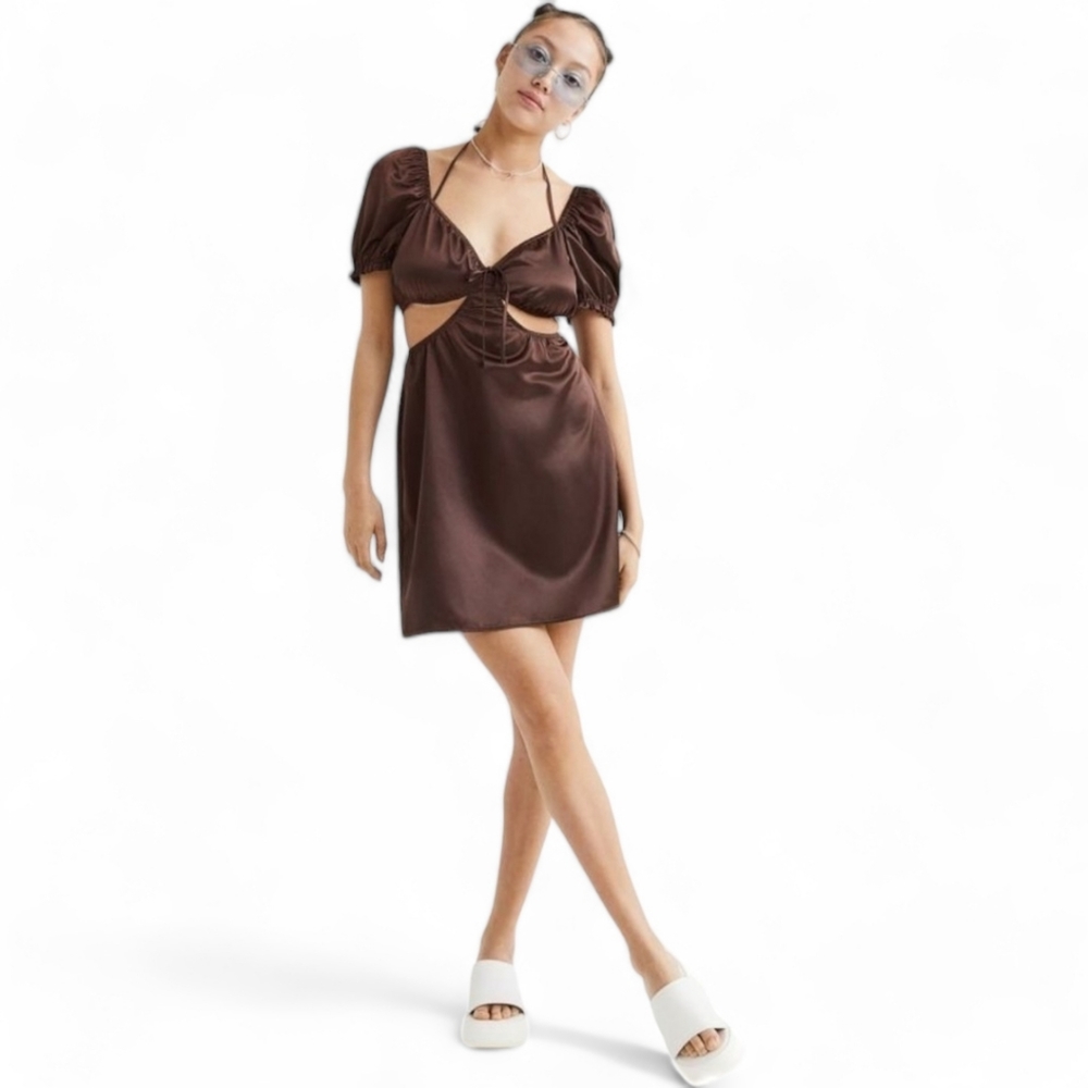H&M DIVIDED Cut-Out Silky Satin Brown Dress, XXS